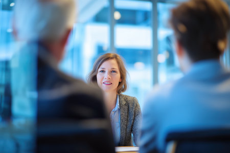 A confident businesswoman is being interviewed for a job by two male managers in a modern office, showing her skills and professionalism.の素材