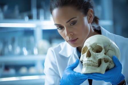 A serious and focused female scientist in a lab coat and blue gloves holds and examines a human skull in a laboratory, working in forensic anthropology.の素材