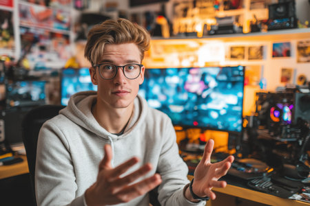 A focused young man with glasses and a hoodie gestures while speaking, likely streaming or recording a video for his channel in a room with multiple monitors.の素材