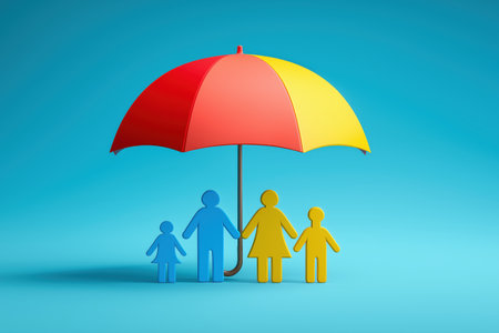 A concept of family insurance and protection, showing stick figures of a family of four standing together under a large, colorful umbrella on a blue background.の素材