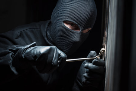 A criminal wearing a black balaclava and leather gloves uses a screwdriver or lock pick to break the lock of a door during a house burglary at night.の素材