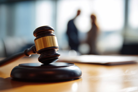 A close-up of a wooden judge's gavel and sound block on a table, with the blurred background of a legal consultation or business meeting in an office.の素材