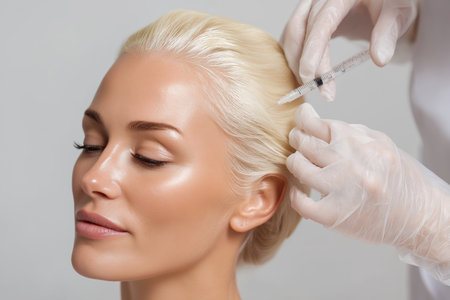 A close-up profile of a beautiful blonde woman with her eyes closed, receiving a mesotherapy injection in her scalp for hair loss treatment in a beauty clinic.の素材