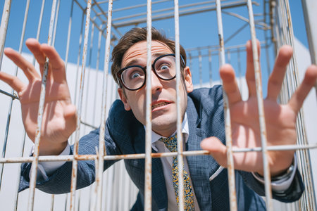 A funny and desperate businessman with glasses is trapped inside a metal cage, looking out with a scared expression, symbolizing corporate entrapment or limitations.の素材