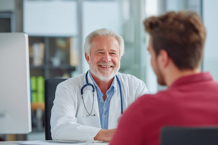 A cheerful senior male doctor with gray hair and a beard, wearing a white coat and stethoscope, smiles warmly while talking to a young male patient.の素材