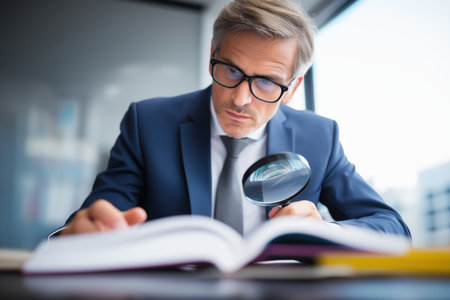 A focused middle-aged businessman in a suit and glasses uses a magnifying glass to carefully read the fine print in a book or contract at his office desk.の素材