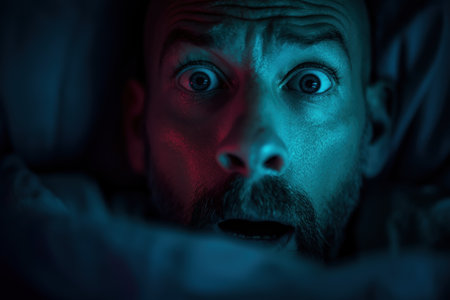 A close-up of a man's face, lit with dramatic red and blue light, showing an expression of pure terror with wide, shocked eyes as he hides in the dark.の素材