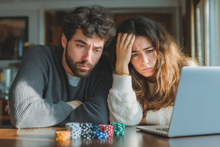 A worried young man and woman look anxiously at a laptop screen, surrounded by poker chips, representing the stress of online gambling and financial loss.の素材
