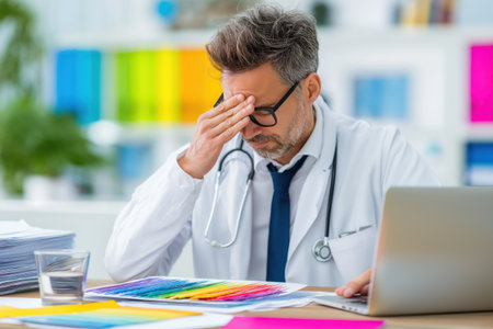 A stressed, middle-aged male doctor in a white coat rubs his forehead, feeling tired and overworked while sitting at his colorful desk with a laptop.の素材