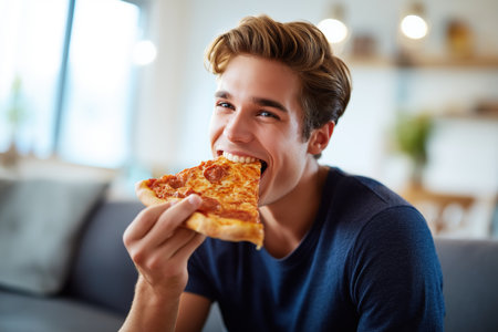A cheerful young man with great hair smiles at the camera as he takes a large bite of a delicious slice of pepperoni pizza while relaxing on a couch at home.の素材
