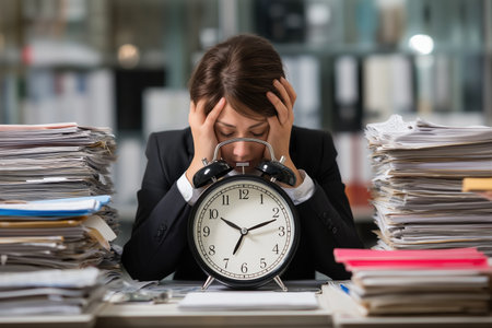 A stressed and exhausted businesswoman in a suit holds her head in despair, sitting at a desk buried in paperwork with an alarm clock in front of her.の素材