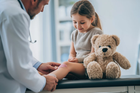 A male doctor gently applies a bandage to a small scrape on a smiling little girl's knee as she sits on an examination table with her teddy bear.の素材