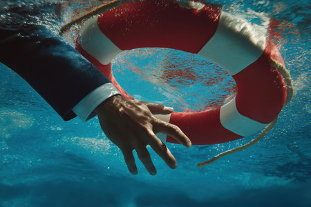 An underwater shot of a businessman's arm and hand sinking, desperately reaching for a red and white life preserver in the blue water.の素材