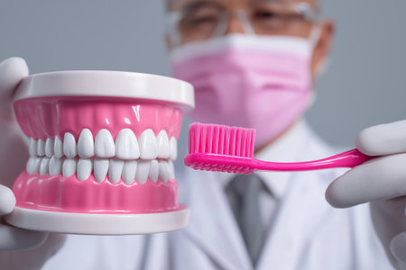 A close-up of a dentist in a mask and gloves holding a large model of teeth and gums, demonstrating proper brushing technique with a pink toothbrush.の素材