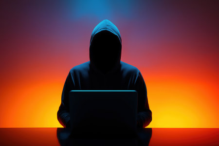 A silhouette of an anonymous person in a dark hoodie sits in front of a laptop, their face hidden in shadow, against a vibrant orange and blue background.の素材