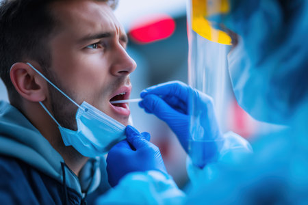 A healthcare worker in full PPE, including a face shield, takes a throat swab sample from a young man for a COVID-19 or other viral test.の素材