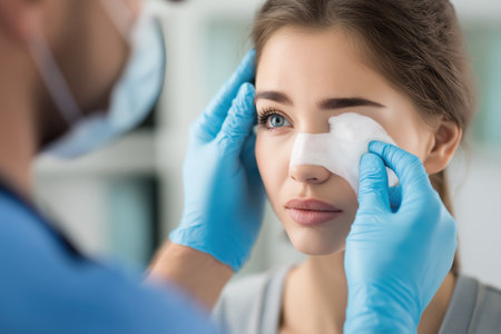 A male doctor carefully applies a special medical bandage to a young female patient's face after a rhinoplasty or eye surgery procedure in a hospital.の素材