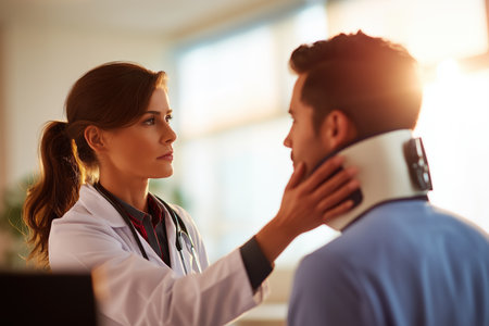 A serious female doctor carefully examines a male patient who is wearing a cervical collar or neck brace after an injury, showing attentive medical care.の素材