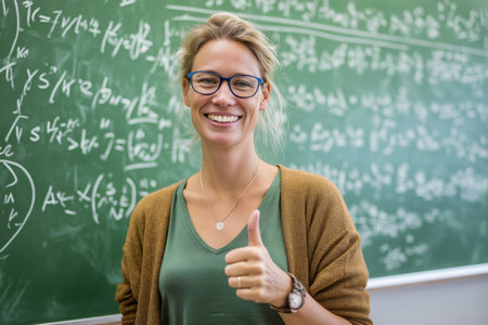 A smiling and confident female teacher with glasses and blonde hair gives a thumbs-up gesture while standing in front of a green chalkboard full of formulas.の素材