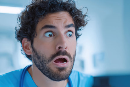 A close-up of a handsome young male doctor or nurse with curly hair and a beard, his eyes wide and mouth open in a state of shock or surprise.の素材