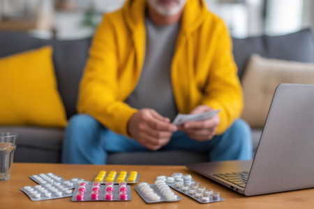 A man in a yellow hoodie sits on a sofa with a laptop, managing his health expenses or researching treatments with multiple blister packs of pills on the table.の素材