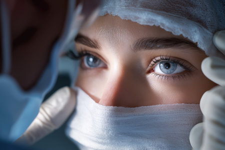 An intense close-up of a female surgeon's beautiful blue eyes, looking focused and determined, wearing a surgical cap and mask in the operating room.の素材