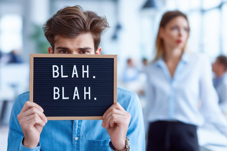 A young man in a denim shirt holds a letter board with the words BLAH. BLAH." in front of his face with a female colleague in the background."の素材