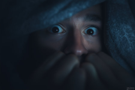 The terrified, wide-open eyes of a man are all that's visible as he hides under a dark blanket, conveying a strong sense of fear, horror, or anxiety.の素材