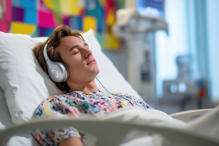A young man with eyes closed is recovering in a hospital bed, finding comfort and distraction by listening to music or a podcast through silver headphones.の素材