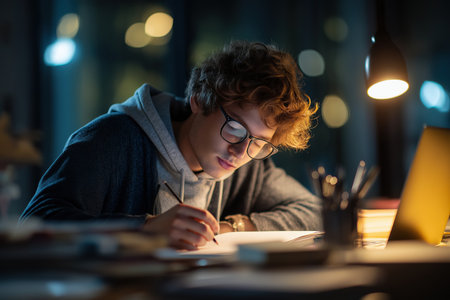 A young man with curly hair and glasses is focused on his studies, writing in a notebook at his desk in a dark room, illuminated by a lamp and laptop screen.の素材