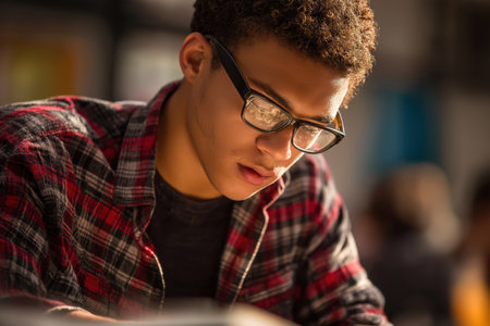 A close-up portrait of a young African American male student in a plaid shirt and glasses, looking down with intense focus as he studies or reads.の素材