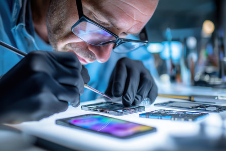 A focused male technician wearing glasses and black gloves meticulously works on the internal components of a disassembled mobile phone at a repair shop.の素材