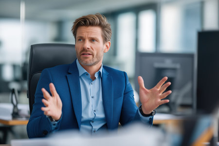 A confident and articulate businessman in a blue suit sits at his desk and gestures with his hands as he explains a strategy or idea during a meeting.の素材