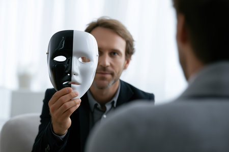 A male therapist or psychologist holds up a black and white mask, symbolizing dual personality or hidden emotions, while talking to a patient.の素材