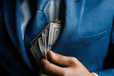 A close-up of a man in a stylish blue suit discreetly putting a large wad of hundred-dollar bills into the inside pocket of his jacket.の素材