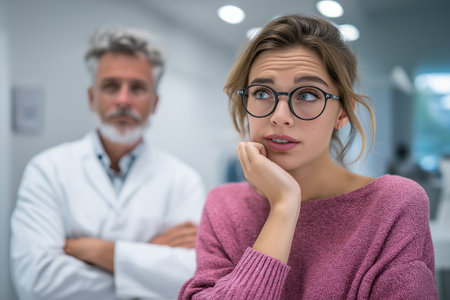 A young woman with glasses looks up thoughtfully, a pensive expression on her face, while her serious-looking male optometrist stands in the background.の素材