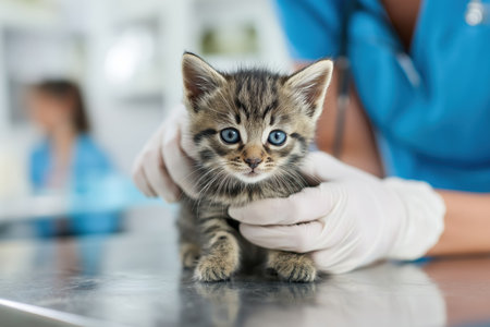 A close-up of a veterinarian's hands in white gloves gently holding and examining a tiny, adorable tabby kitten with blue eyes on a metal clinic table.の素材