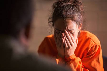 A young woman in an orange sweatshirt is seen in distress, crying with her face buried in her hands during what appears to be a therapy session.の素材