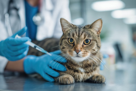A veterinarian's hands in blue gloves gently administer an injection to a calm and trusting tabby cat lying on an examination table in a clinic.の素材