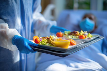 A medical professional in full personal protective equipment (PPE), including gloves and a gown, serves a healthy meal on a tray to a patient in a hospital bed.の素材