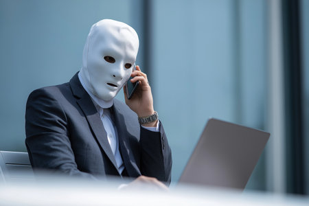 A businessman in a suit wears a creepy white mask to conceal his identity while talking on the phone and using a laptop, suggesting anonymous threats or scams.の素材
