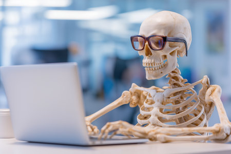 A humorous depiction of a human skeleton sitting at a desk and typing on a laptop, representing burnout, working to death, or a timeless office worker.の素材