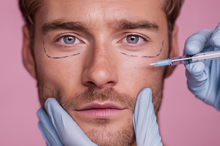 A close-up portrait of a handsome man with surgical marks under his eyes, receiving a cosmetic filler injection from a beautician in blue gloves.の素材