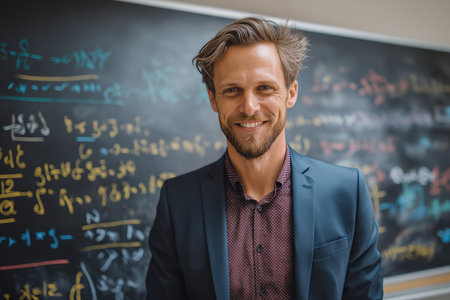 A handsome and friendly male teacher or professor with a beard and a suit smiles confidently while standing in front of a large chalkboard covered in formulas.の素材