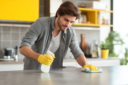 A handsome man wearing yellow rubber gloves is spraying a cleaning solution and wiping a stone countertop with a cloth, doing household chores in a kitchen.の素材