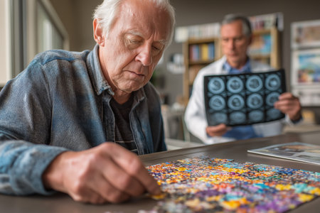 An elderly man focuses on completing a colorful jigsaw puzzle as a form of therapy for dementia or Alzheimer's, with his doctor holding a brain scan in the background.の素材