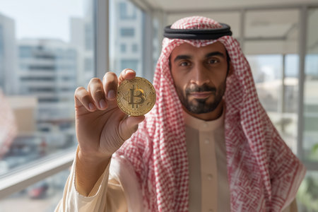 A smiling Middle Eastern businessman wearing a ghutra and thobe stands in a modern office, proudly displaying a physical golden Bitcoin cryptocurrency coin.の素材