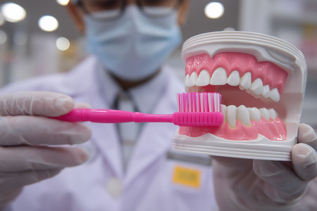 A dentist or dental hygienist in a mask and gloves uses a large pink toothbrush to demonstrate the correct brushing technique on a giant model of teeth and gums.の素材