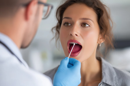 A male doctor in gloves uses a cotton swab to take a sample from the throat of a female patient with her mouth open during a medical examination.の素材