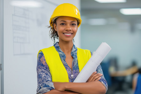 A beautiful and confident black woman architect or construction worker in a yellow safety vest and hard hat holds rolled-up plans and smiles at the camera.の素材